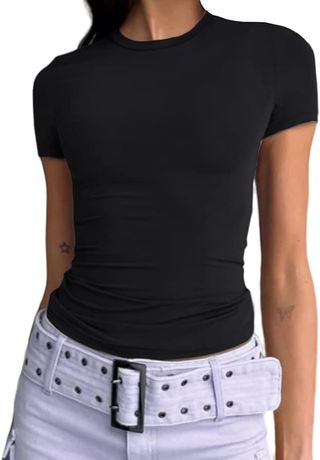 Abardsion, Abardsion Women's Casual Basic Going Out Crop Tops Slim Fit Short Sleeve Crew Neck Tight T Shirts (black, L)