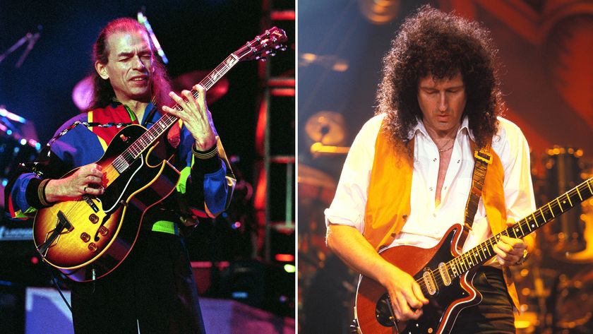 Steve Howe and Yes performs at Shoreline Amphitheatre on August 8, 1991 in Mountain View, California / Photo of Brian MAY and QUEEN; Brian May performing on stage