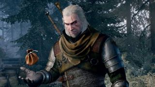 Geralt in Bear School gear tossing a coin pouch inn the air