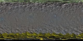 Researchers used a clear-filter mosaic to make this colorized global map of Ceres. The map had color added using spectral data from other observations of Ceres (calculated using a color transformation program). The green and yellow areas at high latitudes show where Dawn's color imaging coverage remains incomplete. Image released March 22, 2016.