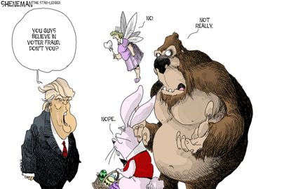 Political Cartoon U.S. Donald Trump voter fraud fairy tale Tooth Fairy Easter Bunny