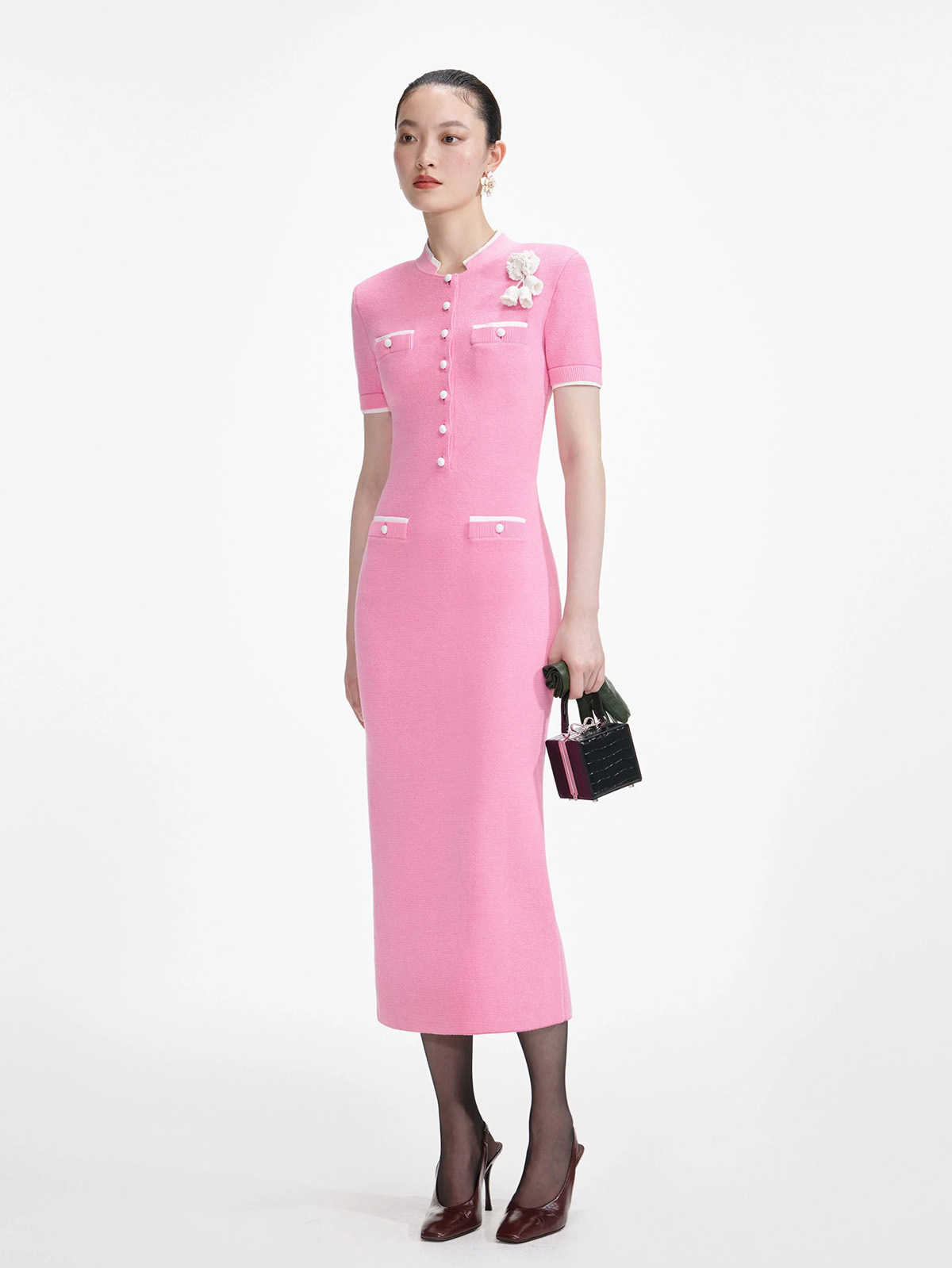 Pink Crochet Flower Knit Midi Dress