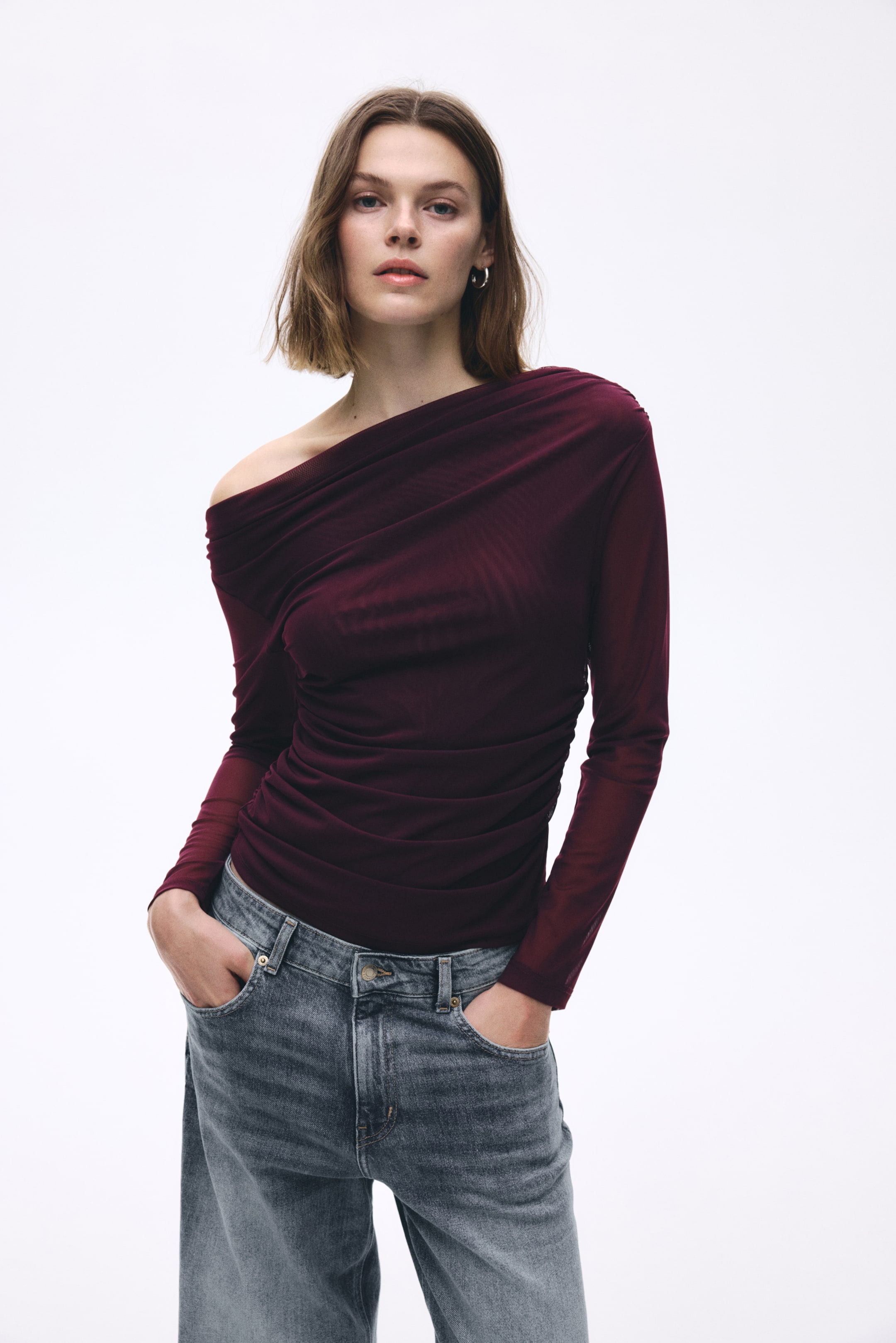 One-Shoulder Mesh Top - Dark Mole