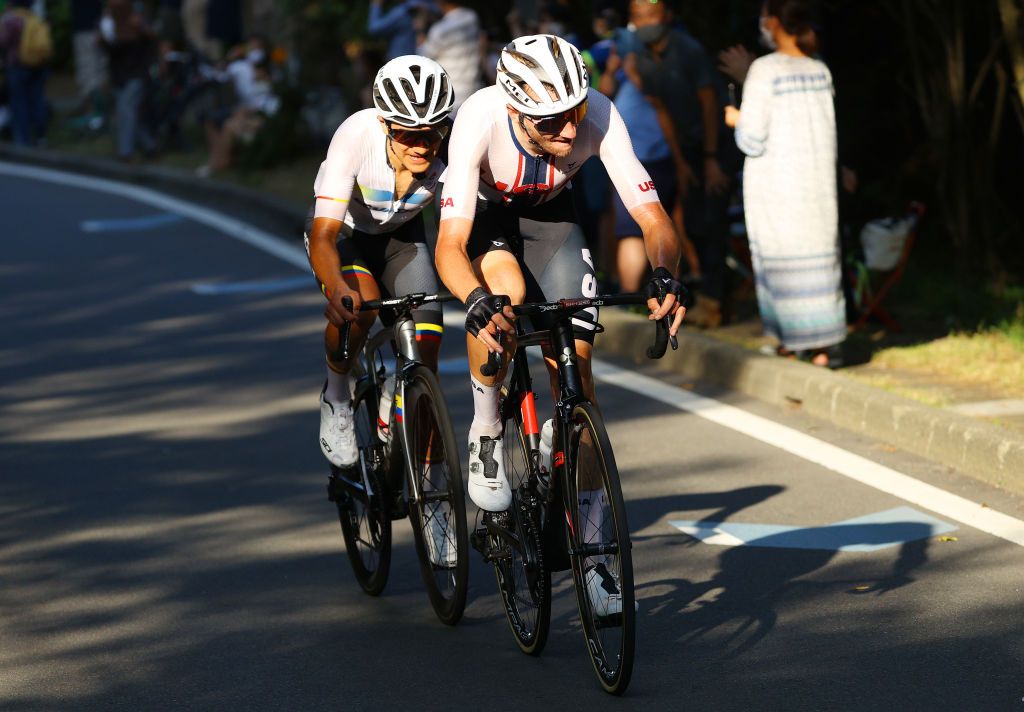 OYAMA JAPAN JULY 24 LR Richard Carapaz of Team Ecuador Brandon McNulty of Team United States in the breakaway during the Mens road race at the Fuji International Speedway on day one of the Tokyo 2020 Olympic Games on July 24 2021 in Oyama Shizuoka Japan Photo by Tim de WaeleGetty Images