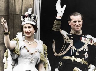 Queen Elizabeth II and the Duke of Edinburgh on the day of their coronation, Buckingham Palace, 1953
