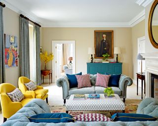 colorful living room with accent patterns in Georgian style Cotswolds newbuild country house
