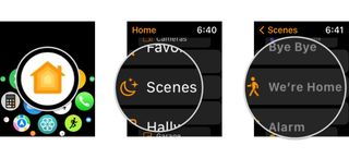 How to activate a HomeKit scene in the Home app on the Apple Watch by showing steps: Launch the Home app, Tap Scenes, Tap a Scene.