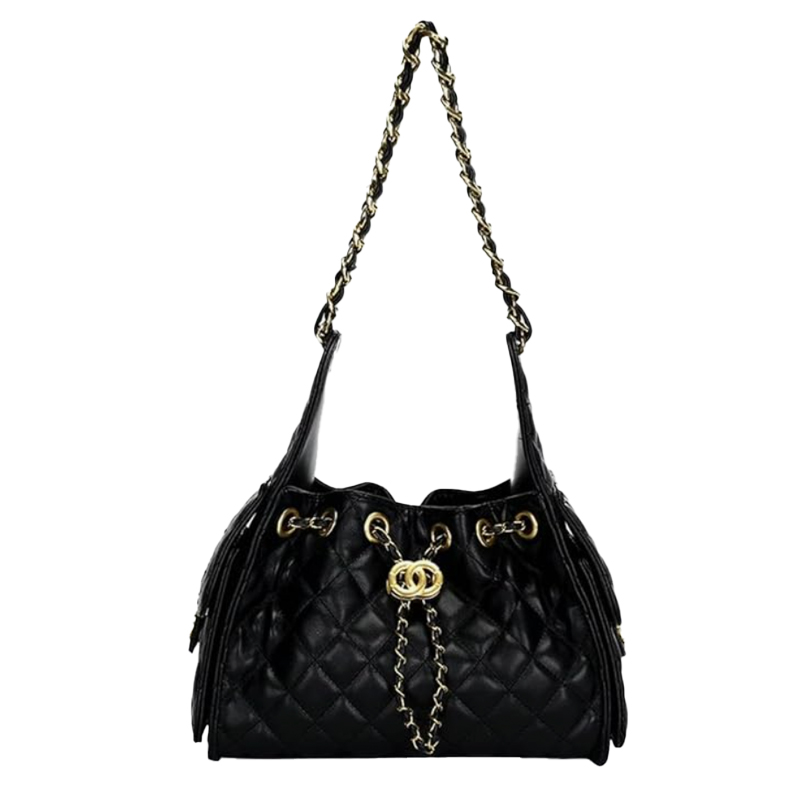 black leather handbag in the style of the chanel 25