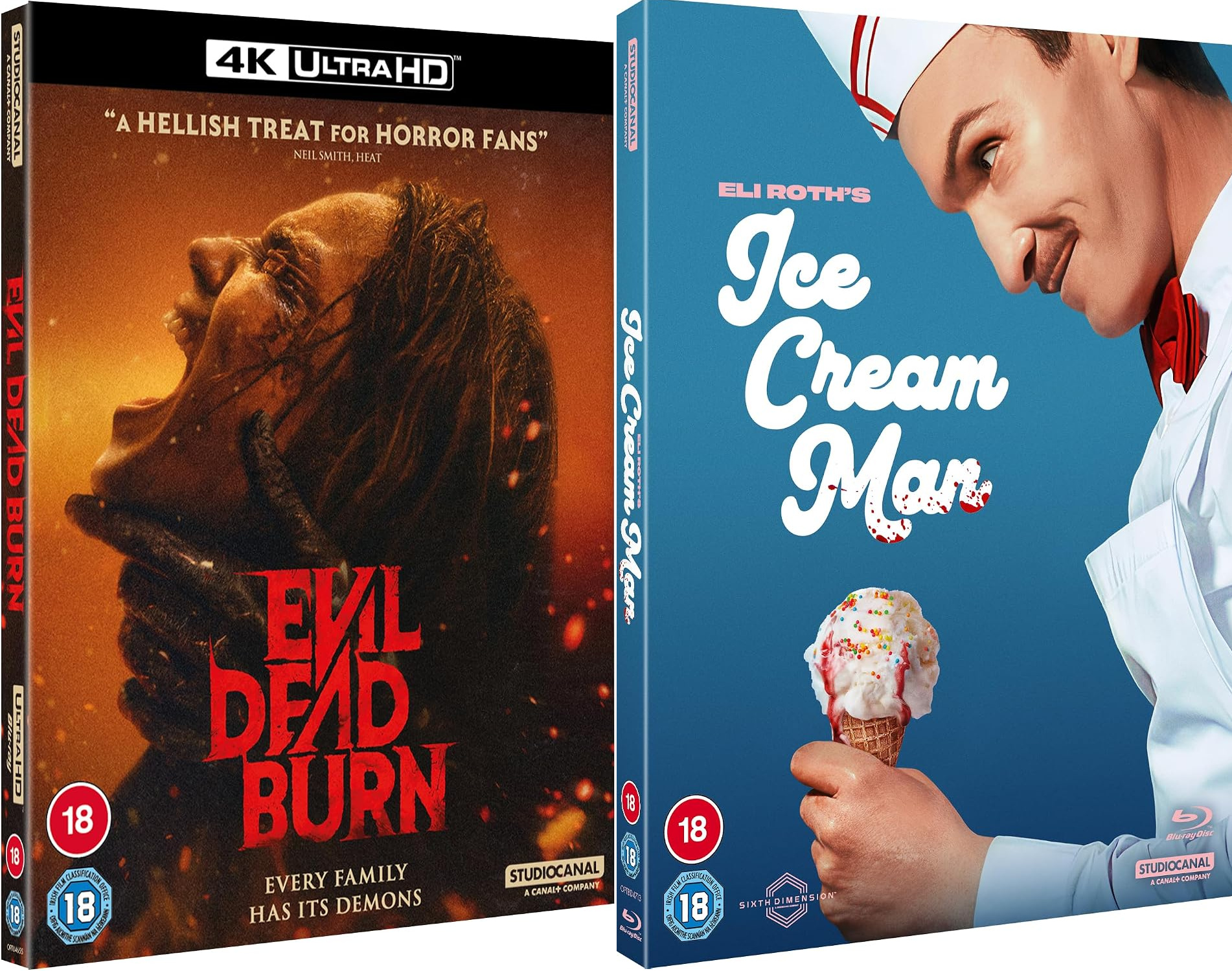 The covers of the Evil Dead Burn 4K and the Ice Cream Man Blu-ray.