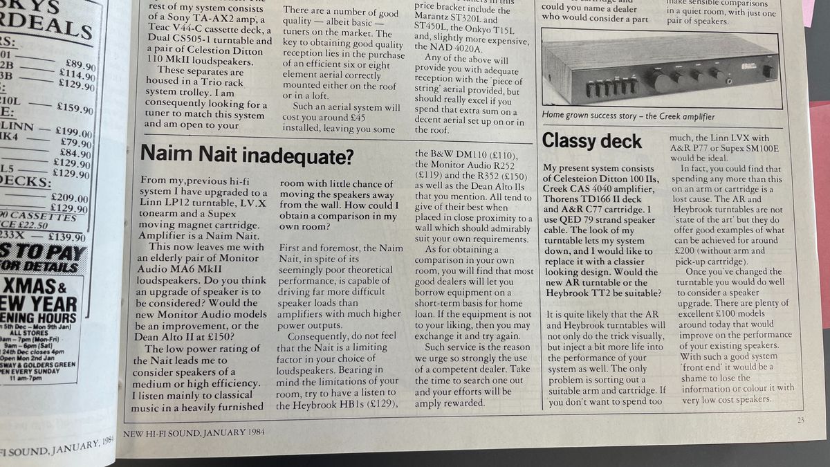 Jan 1984 issue of New Hi-Fi Sound magazine showing Naim Nait reader question
