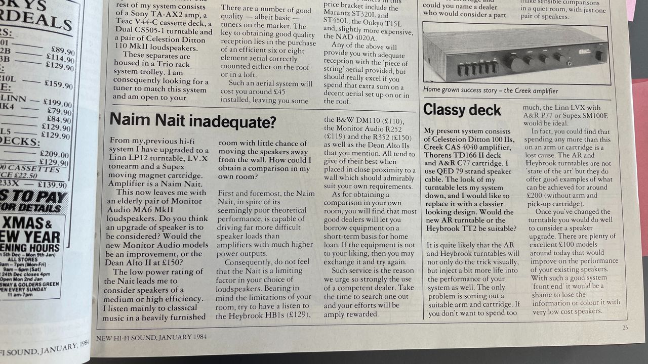 Jan 1984 issue of New Hi-Fi Sound magazine showing Naim Nait reader question