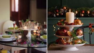 Christmas centerpiece ideas with cake stands filled with candles baubles and ribbons