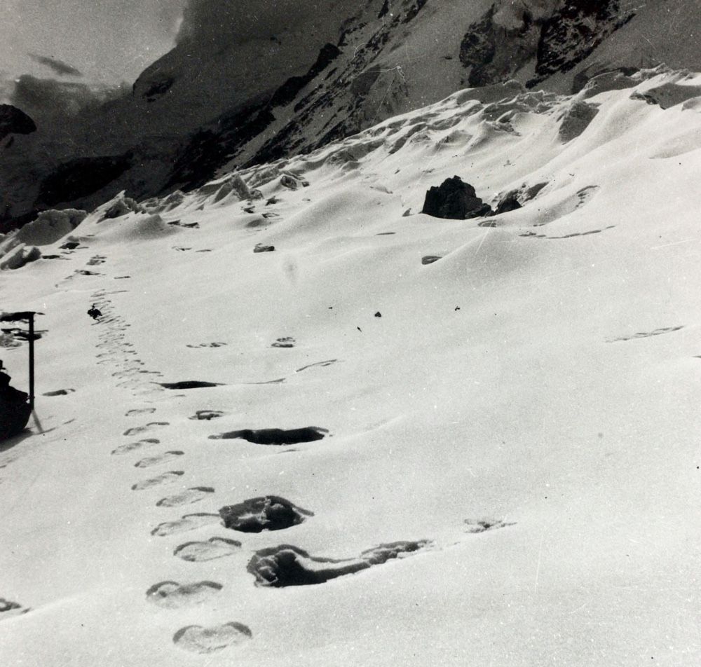 The abominable snowman, or yeti, reportedly created these footprints, captured in a photo taken during an expedition to Mount Everest more than 50 years ago.