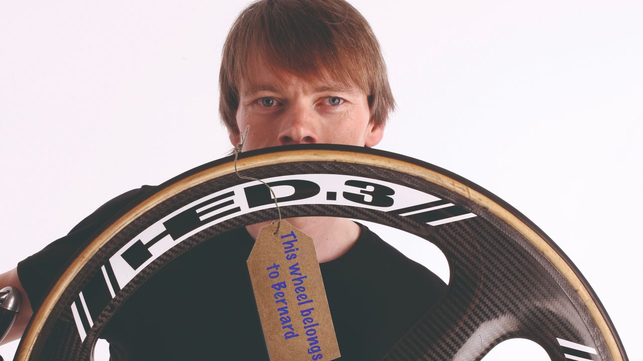 Dr Hutch holding a wheel with &#039;owned by Bernard&#039; label