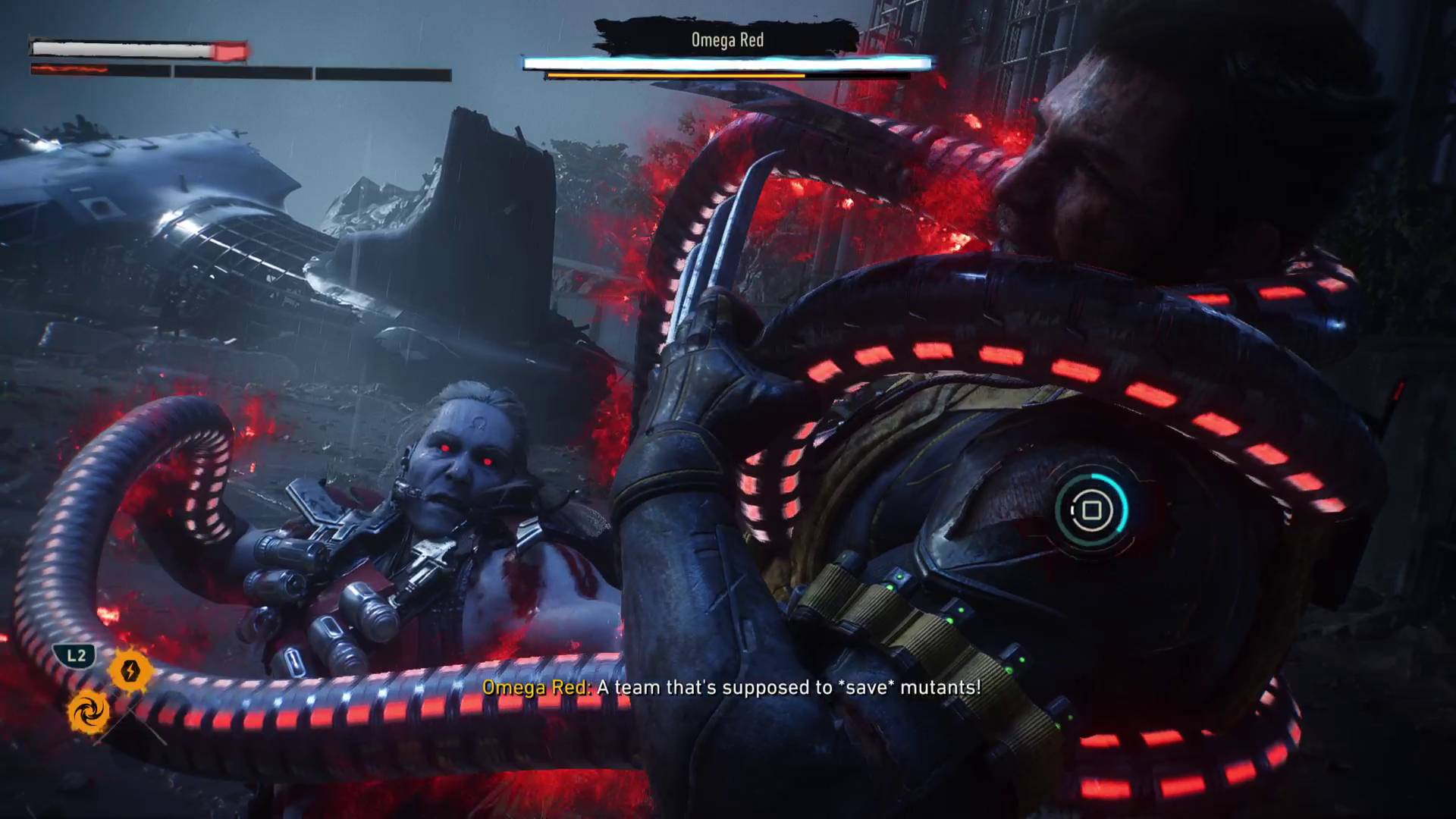 Marvel's Wolverine Omega Red boss fight grabbing Wolverine with quick time event button prompt