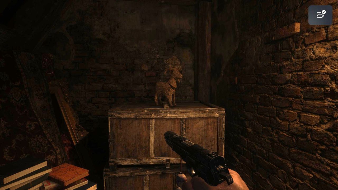 Edited screenshot of a Goat of Warding in Resident Evil Village.
