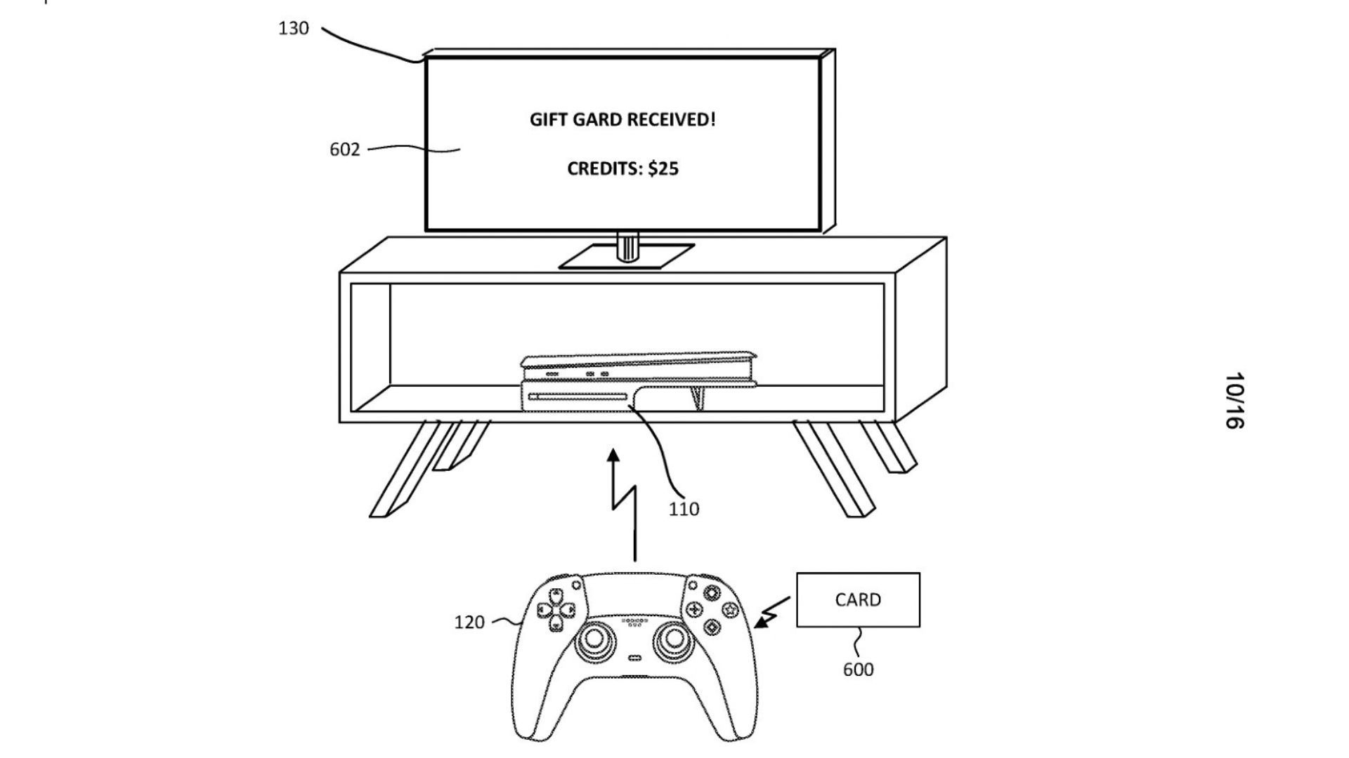 An illustration from Sony's patent showing a  gift card being transferred to a PlayStation console by tapping it against the controller