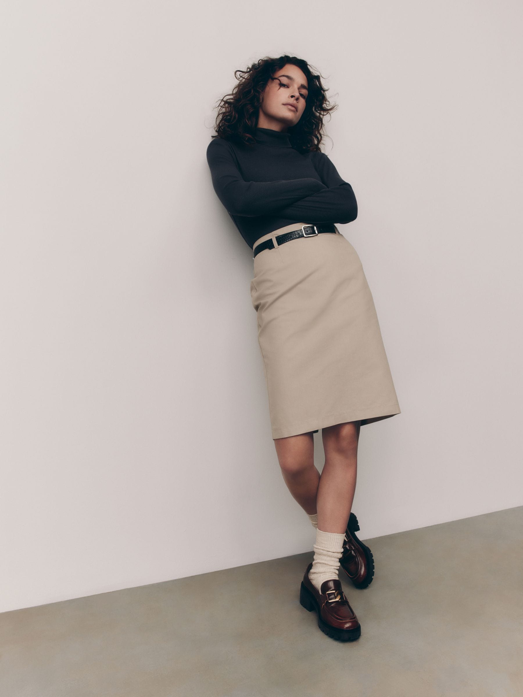 Camel Pencil Knee Length Belted Skirt