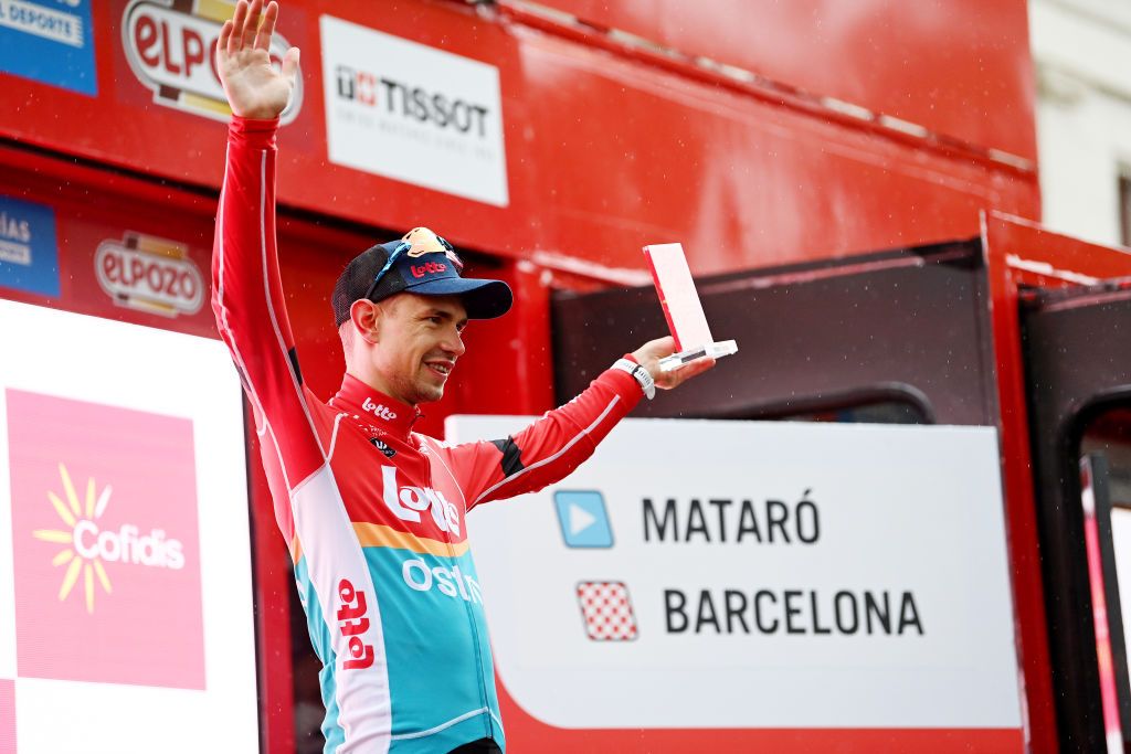 BARCELONA SPAIN AUGUST 27 Andreas Kron of Denmark and Team Lotto Dstny celebrates at podium as stage winner during the 78th Tour of Spain 2023 Stage 2 a 1818km stage from Matar to Barcelona UCIWT on August 27 2023 in Barcelona Spain Photo by Tim de WaeleGetty Images