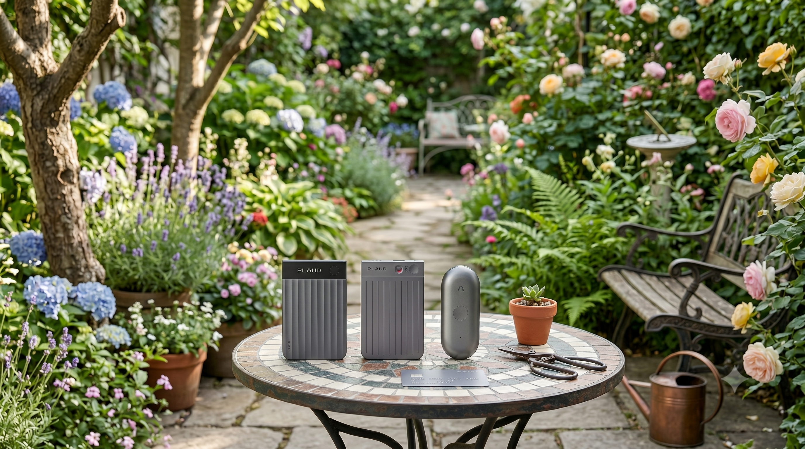 An AI enhanced image of three Plaud recorders in front of a lush green garden