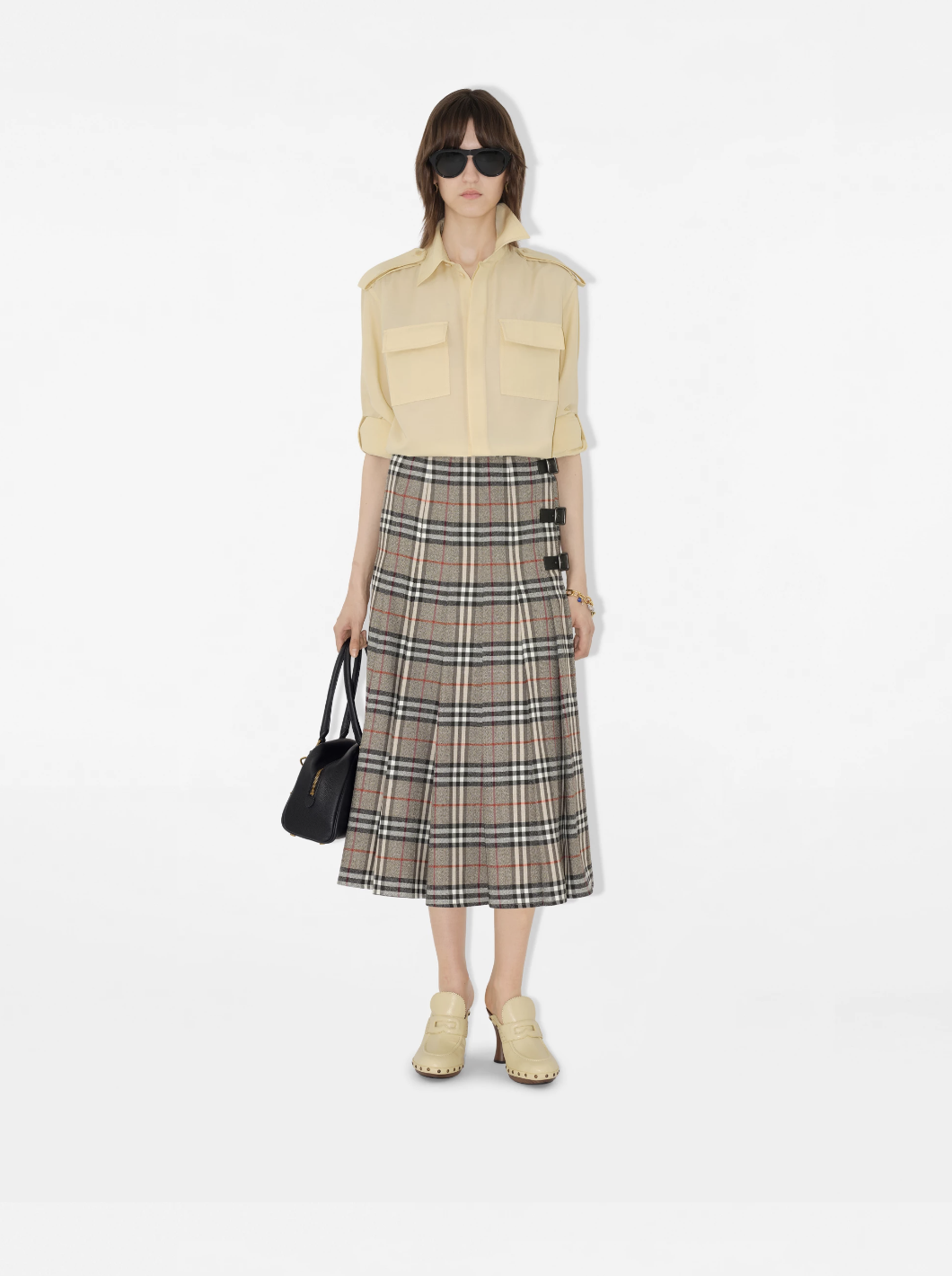 Burberry, Check Wool Midi Kilt in Crater/dark Charcoal