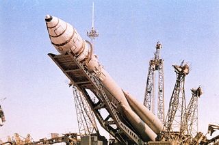 The Vostok 3KA-3 spacecraft (Vostok 1) awaits the launch of Yuri Gagarin on April 12, 1961, which would make him the first human to travel into space.