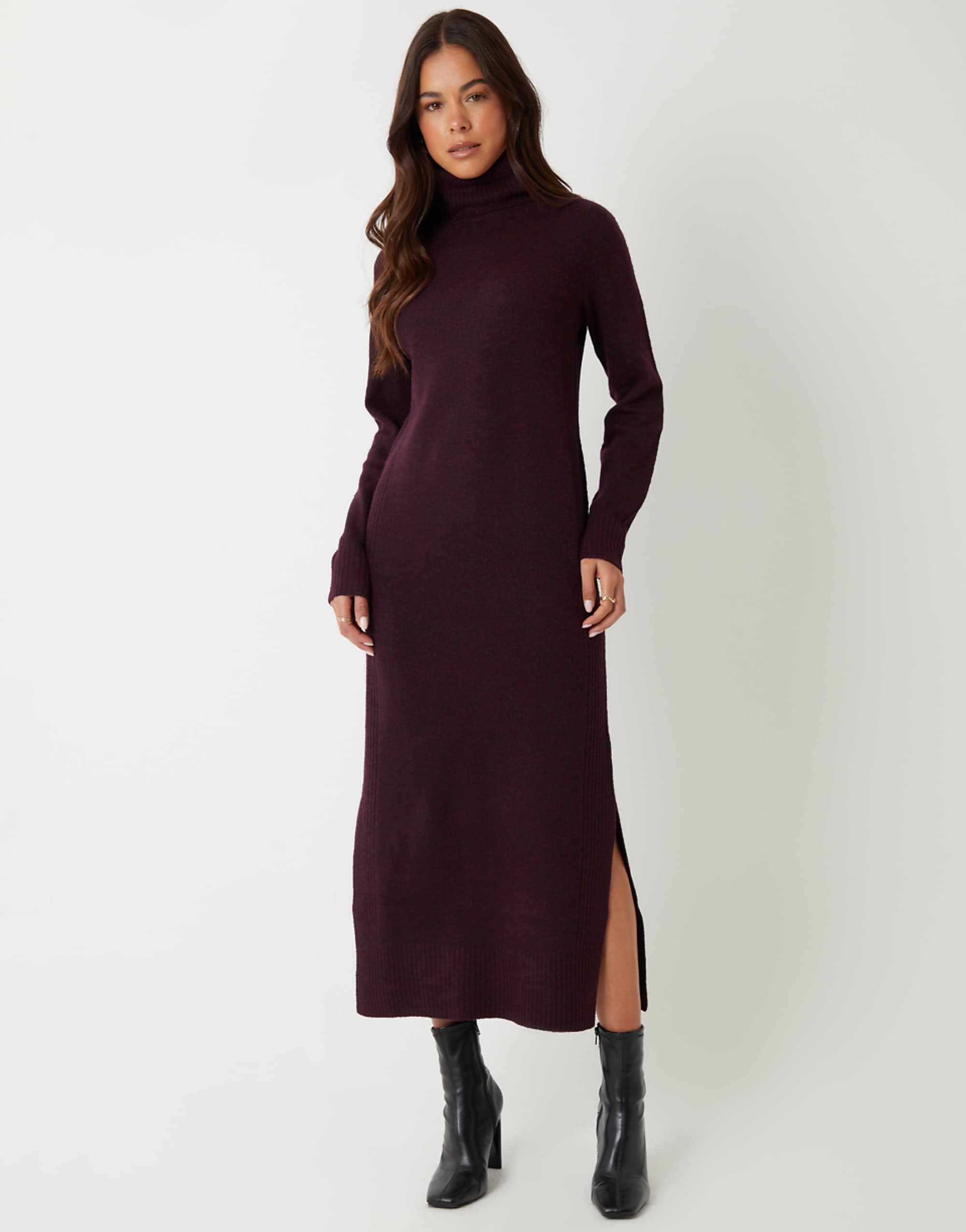 Threadbare Knitted Roll Neck Maxi Dress in Wine