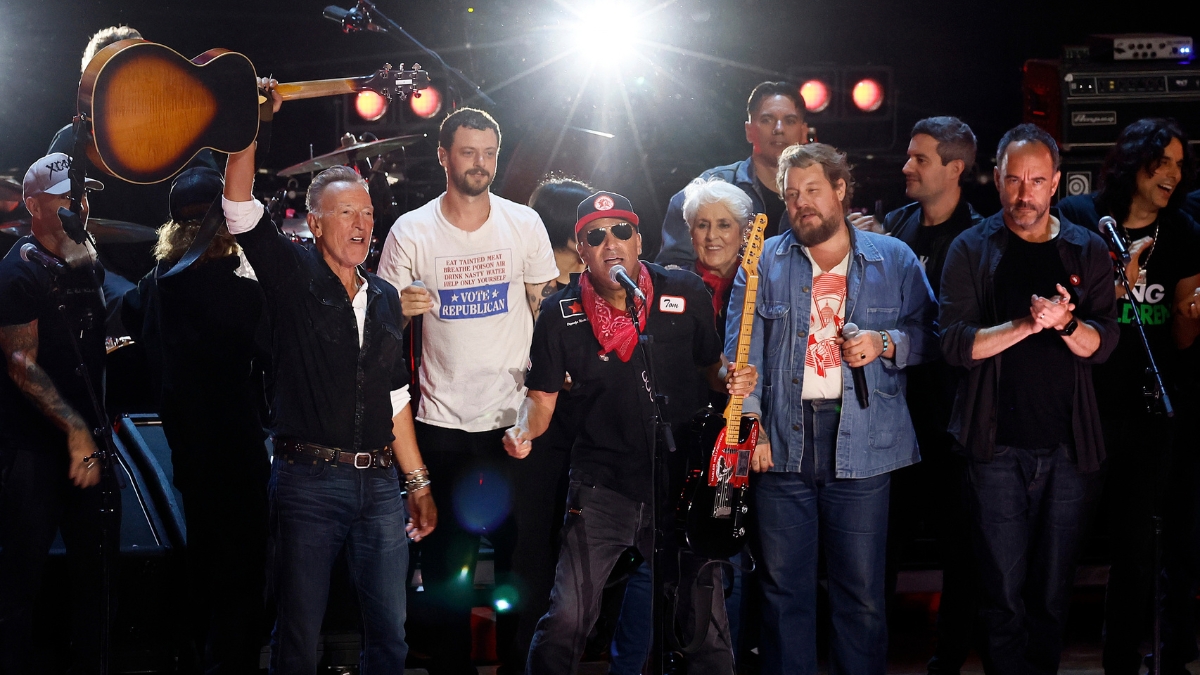  Bruce Springsteen (L) and Tom Morello (R) at center stage during the 2026 Power To The People Festival finale at Merriweather Post Pavilion on October 03, 2026 in Columbia, Maryland