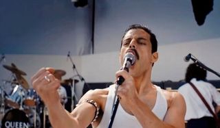 Rami Malek as Freddie Mercury singing Bohemian Rhapsody at Live Aid in Bohemian Rhapsody 2018