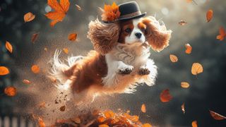 An image of a dog jumping into leaves created by Bing Image Creator and DALL-E 3