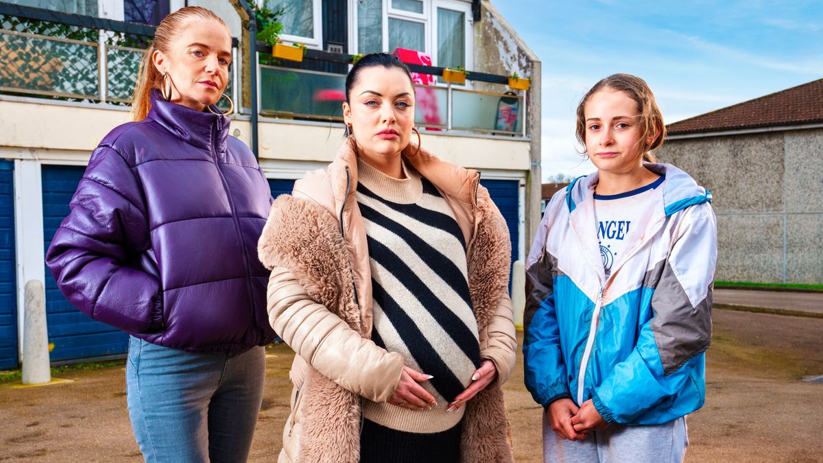 Bianca Jackson, Whitney Dean and Britney outside an estate in Milton Keynes for EastEnders 