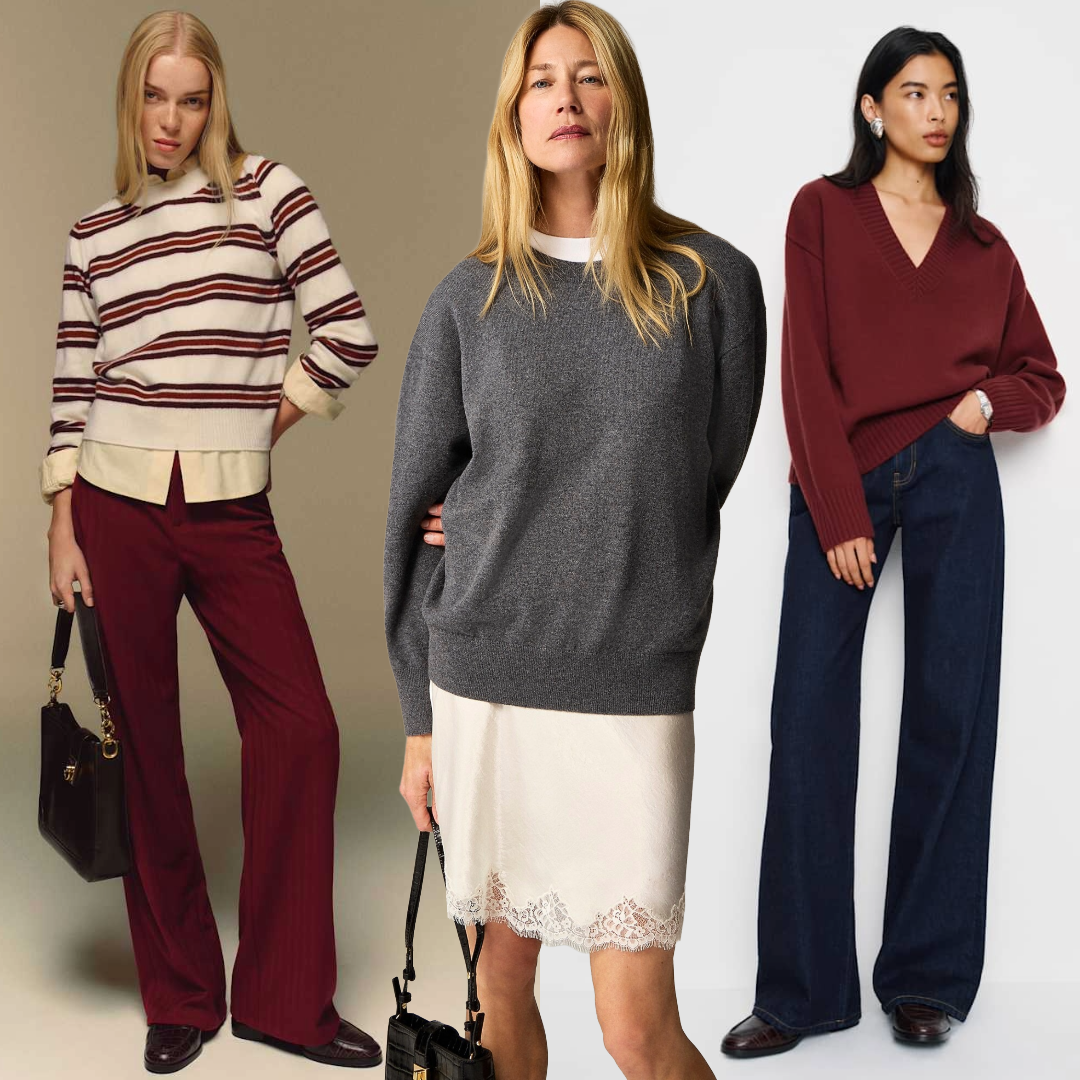 Split image of models wearing cashmere sweaters from J.Crew and Reformation on gradient background 