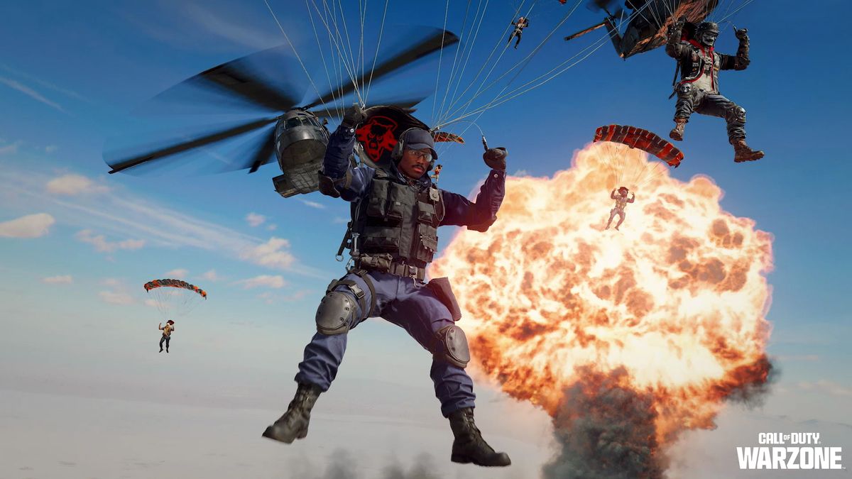 Black Ops 6 operator Troy Marshall and others parachute through the sky in Call of Duty: Warzone as an explosion disrupts the horizon.