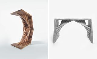 Two art exhibits in a white background, Left: curved wooden piece, Right: Grey stone piece