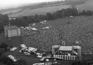 Aerial view of the crowds at the Queen concert in Slane Castle, Ireland, in July 1986