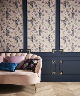 Pink peacock hallway wallpaper idea by Joe Browns with navy wall paneling and scalloped