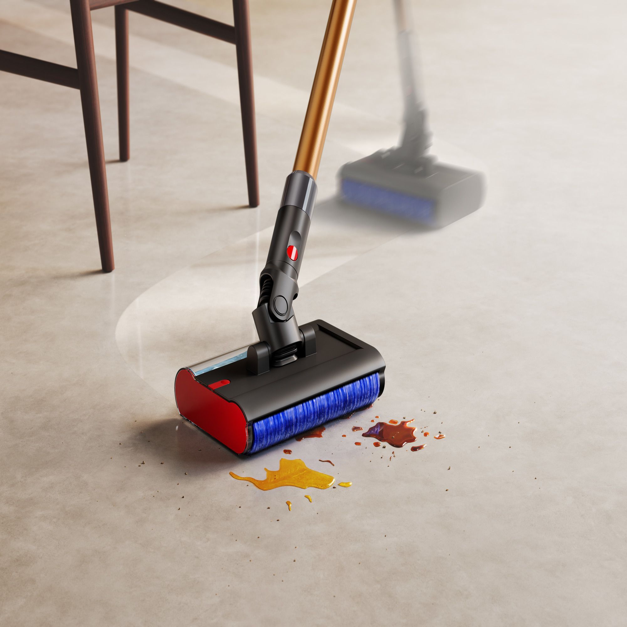 Dyson PencilWash cleaning wet debris on a concrete floor