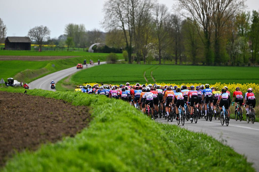 ROUBAIX FRANCE APRIL 06 A general view of the peloton passing through a landscape during the 4th ParisRoubaix Femmes 2024 a 1485km one day race from Denain to Roubaix on UCIWWT April 06 2024 in Roubaix France Photo by Luc ClaessenGetty Images