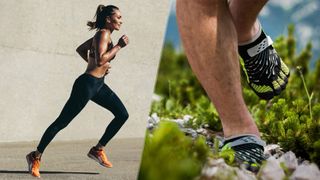 Image left woman running outdoors and image right close up of someone barefoot running