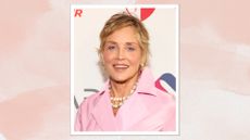 Portrait of Sharon Stone smiling, with a blonde pixie cut and wearing a pink trench coat and pearl necklace with a pink watercolour background