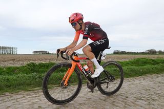 Tom Pidcock on a sector of cobbles at Paris-Roubaix