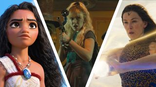 A collage of Moana in Moana 2, Michelle in The Electric State, and Moiraine in The Wheel of Time season 3