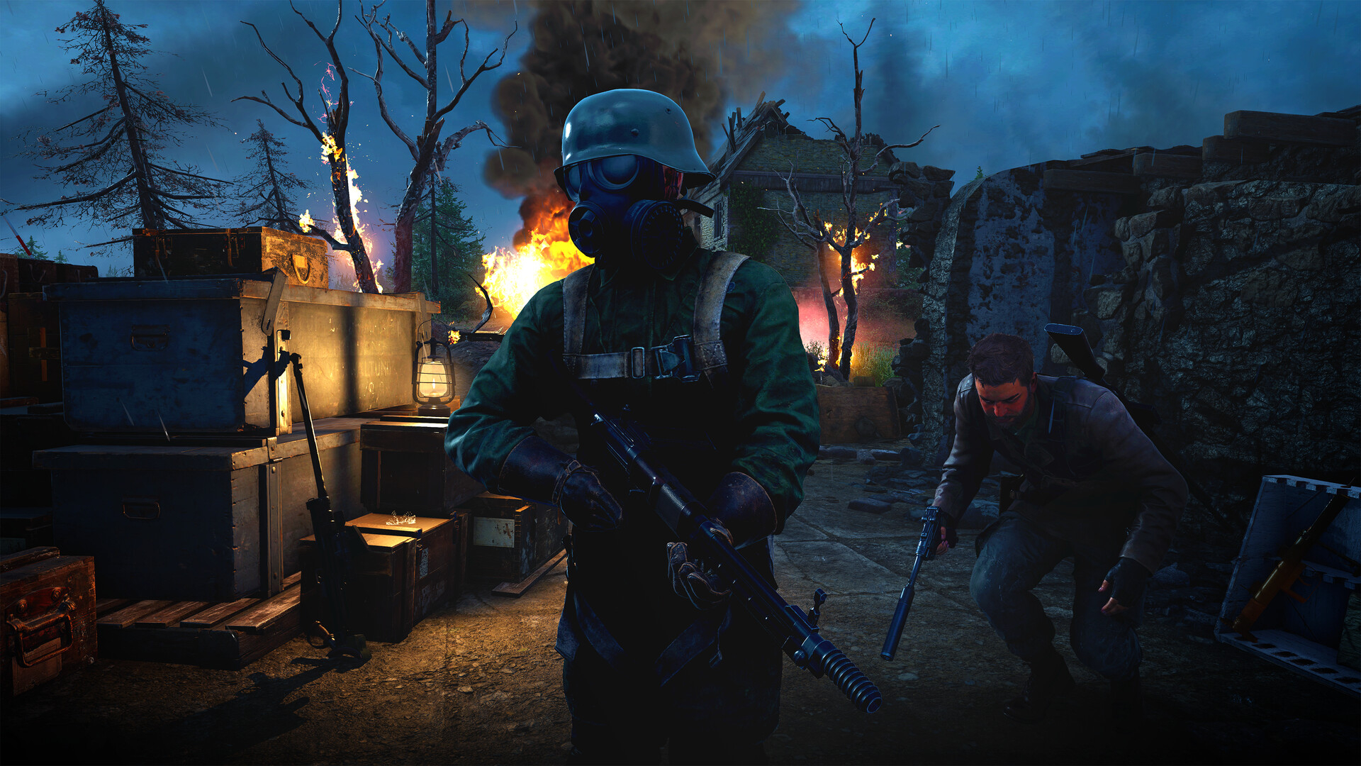 A screenshot of a sniper sneaking up on an enemy in Sniper Elite Resistance