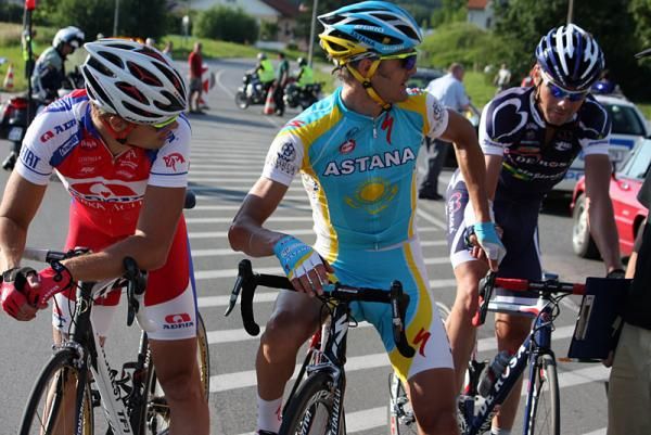 Matej Gnezda (Adria Mobil), Gorazd &Scaron;tangelj (Astana) and Jure Golcer (De Rosa-Stac Plastic) after the elite men's championship.