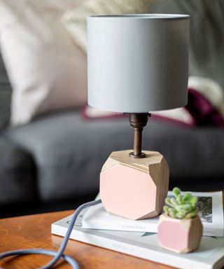 Geo shape, sustainable wood table lamp with grey lampshade