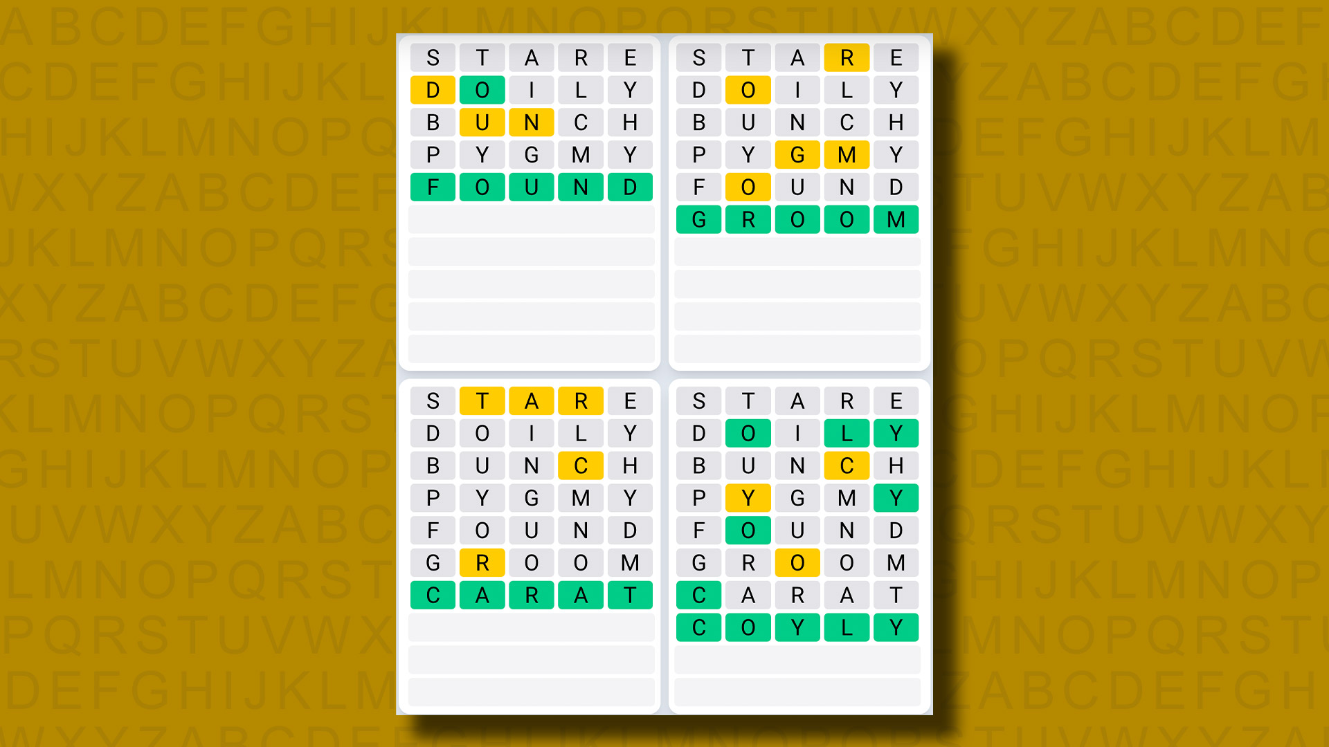 Respuestas de la secuencia diaria de Quordle para el juego 873 sobre un fondo amarillo
