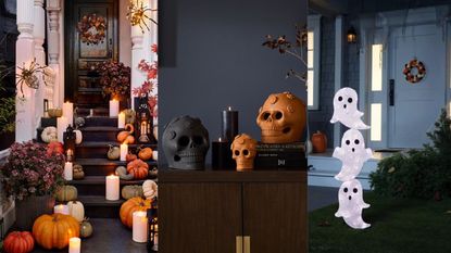 A triptych: pumpkins lined up outside a door; skulls balanced on a console table; light-up ghosts outside a door.