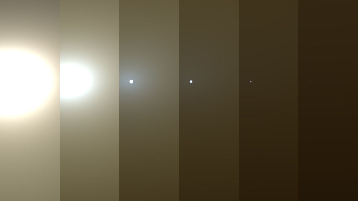 This series of images from NASA&#039;s Opportunity rover on Mars shows the effects of a huge dust storm blotting out the sun on the Red Planet in June 2018. At left, the sun appears blindingly bright but darkens as the dust storm intensifies. At the far right,