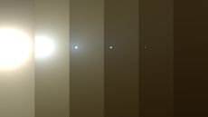 This series of images from NASA's Opportunity rover on Mars shows the effects of a huge dust storm blotting out the sun on the Red Planet in June 2018. At left, the sun appears blindingly bright but darkens as the dust storm intensifies. At the far right,