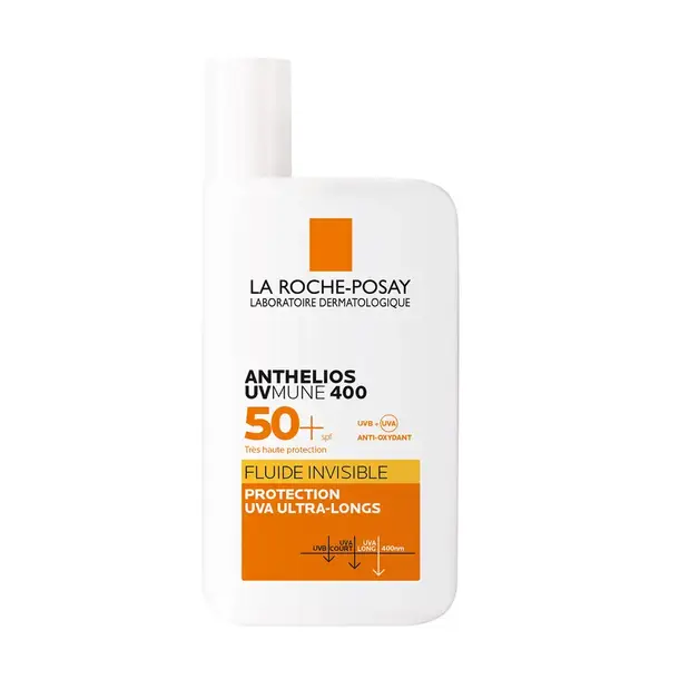 La Roche-Posay Anthelios UVMune 400 Invisible Fluid SPF50+. A while bottle with orange and black text